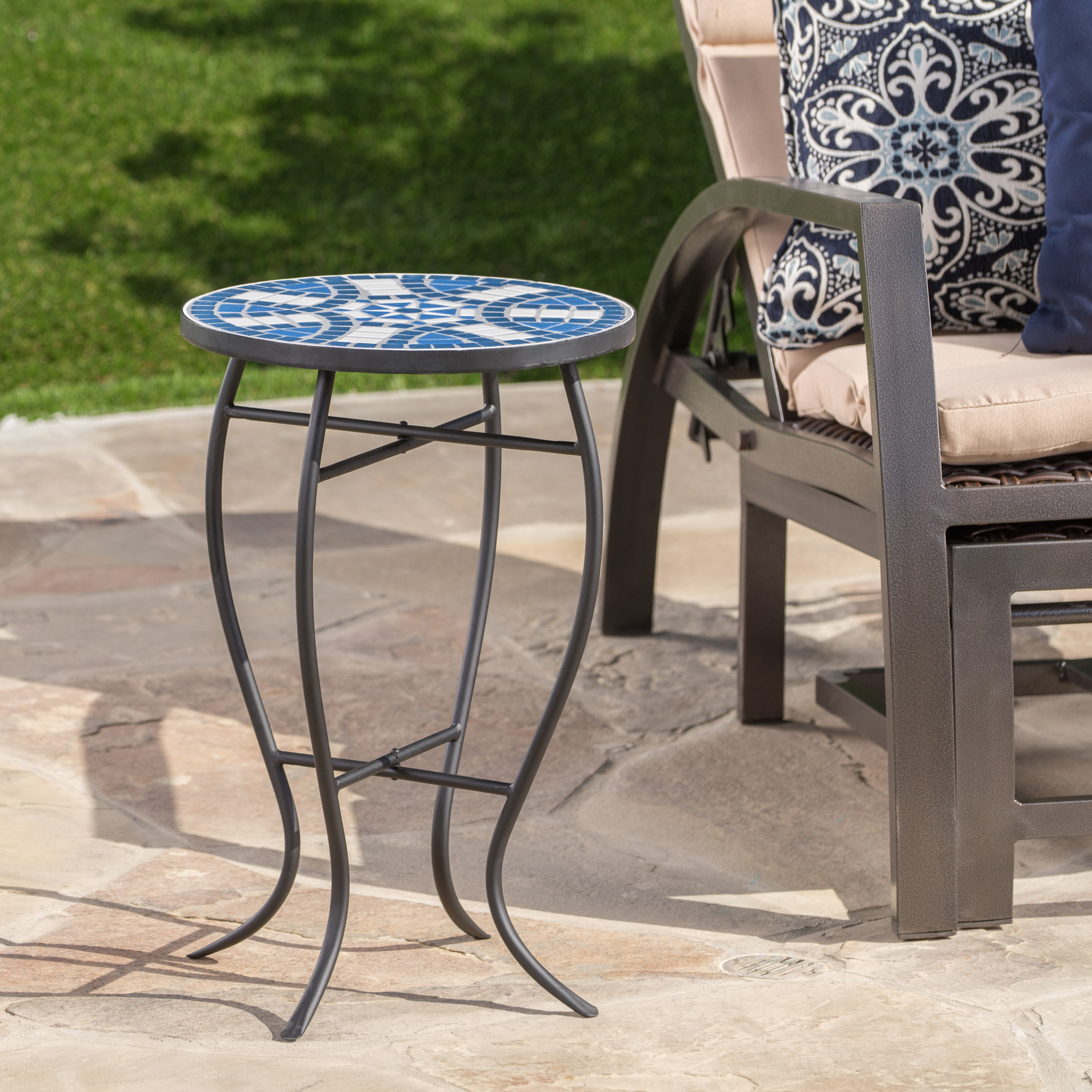 Harington Outdoor Blue & White Ceramic Tile Iron Frame Side Table