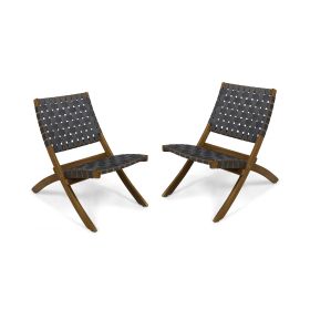 Riley Outdoor Acacia Wood Foldable Chairs (Set of 2); Brown Patina and Gray Straps