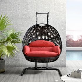 Patio PE Rattan Double Swing Chair With Stand; Two Person Hanging Chair for Balcony; Courtyard