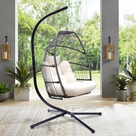 Outdoor Patio Wicker Folding Hanging Chair; Rattan Swing Hammock Egg Chair With Cushion And Pillow