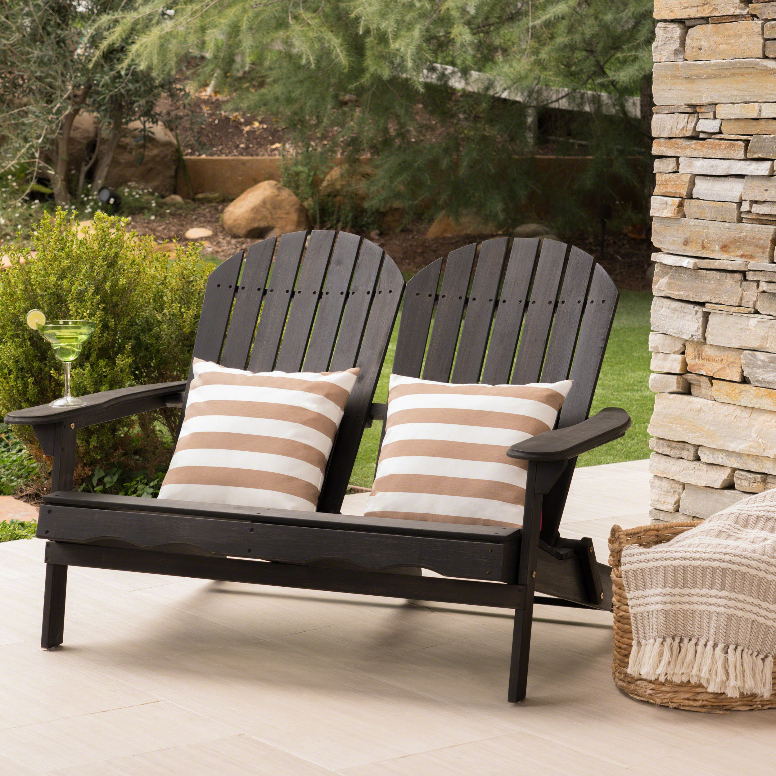 Outdoor Solid Wood Adirondack Loveseat Sofa Dark Gray