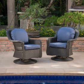 Linsten Outdoor Wicker Swivel Club Chairs with Water Resistant Cushions Dark Brown+Navy Blue (set of 2)