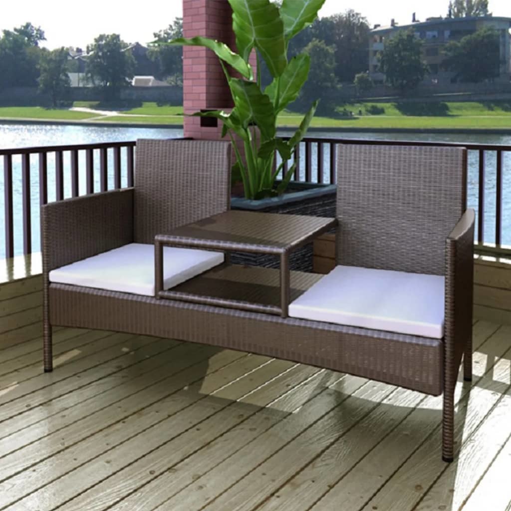 vidaXL 2-Seater Patio Sofa with Tea Table Poly Rattan Brown