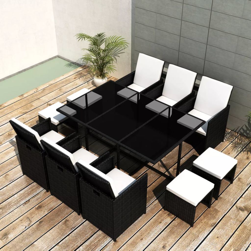 vidaXL 11 Piece Patio Dining Set with Cushions Poly Rattan Black