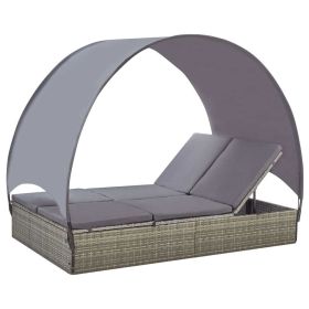 vidaXL Double Sun Lounger with Canopy Poly Rattan Gray