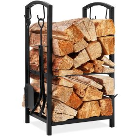 5-Piece Firewood Log Rack Holder Tools Set for Fireplace w/ Hook; Broom; Shovel; Tongs - Black