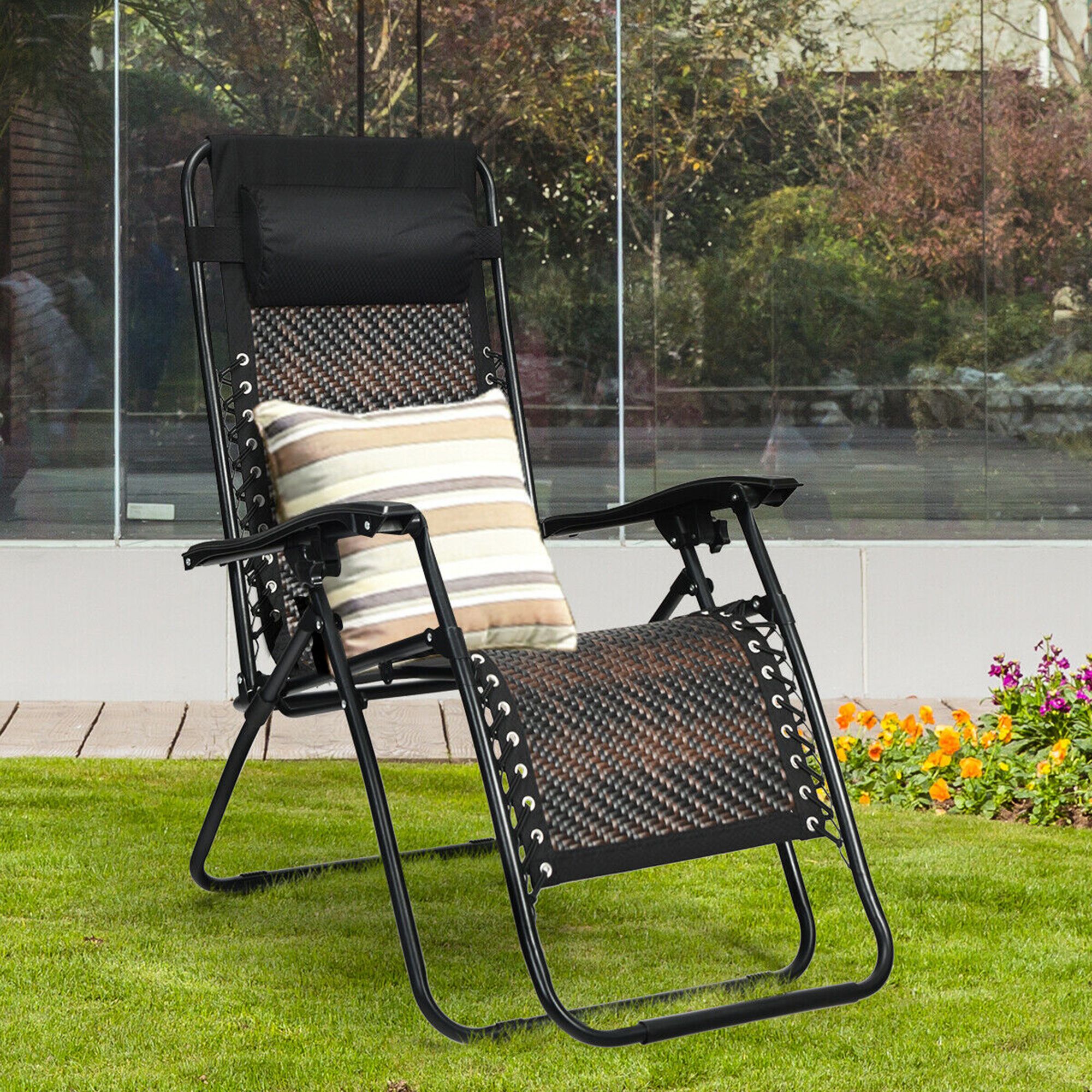 Folding Rattan Patio Zero Gravity Chair Lounge Recliner w/ Headrest