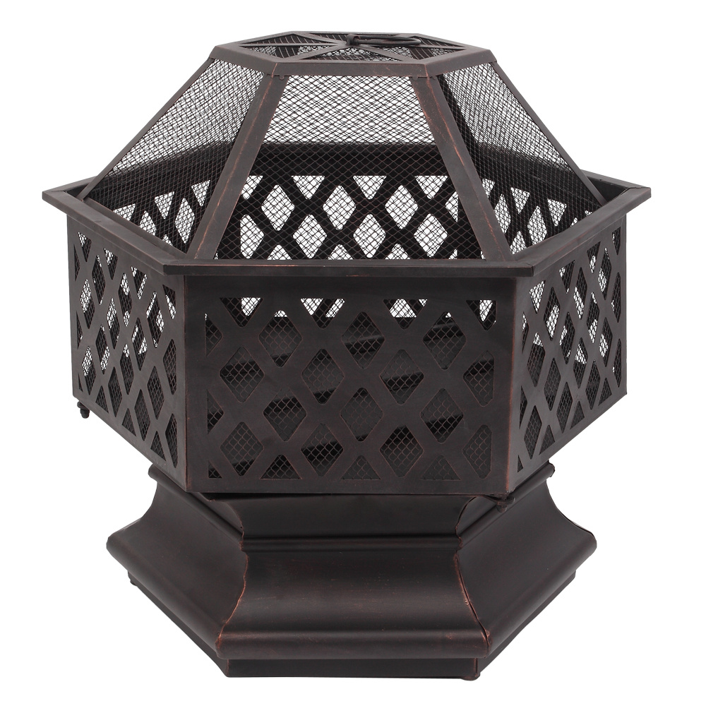 22" Hexagonal Shaped Iron Brazier Wood Burning Fire Pit Decoration for Backyard Poolside