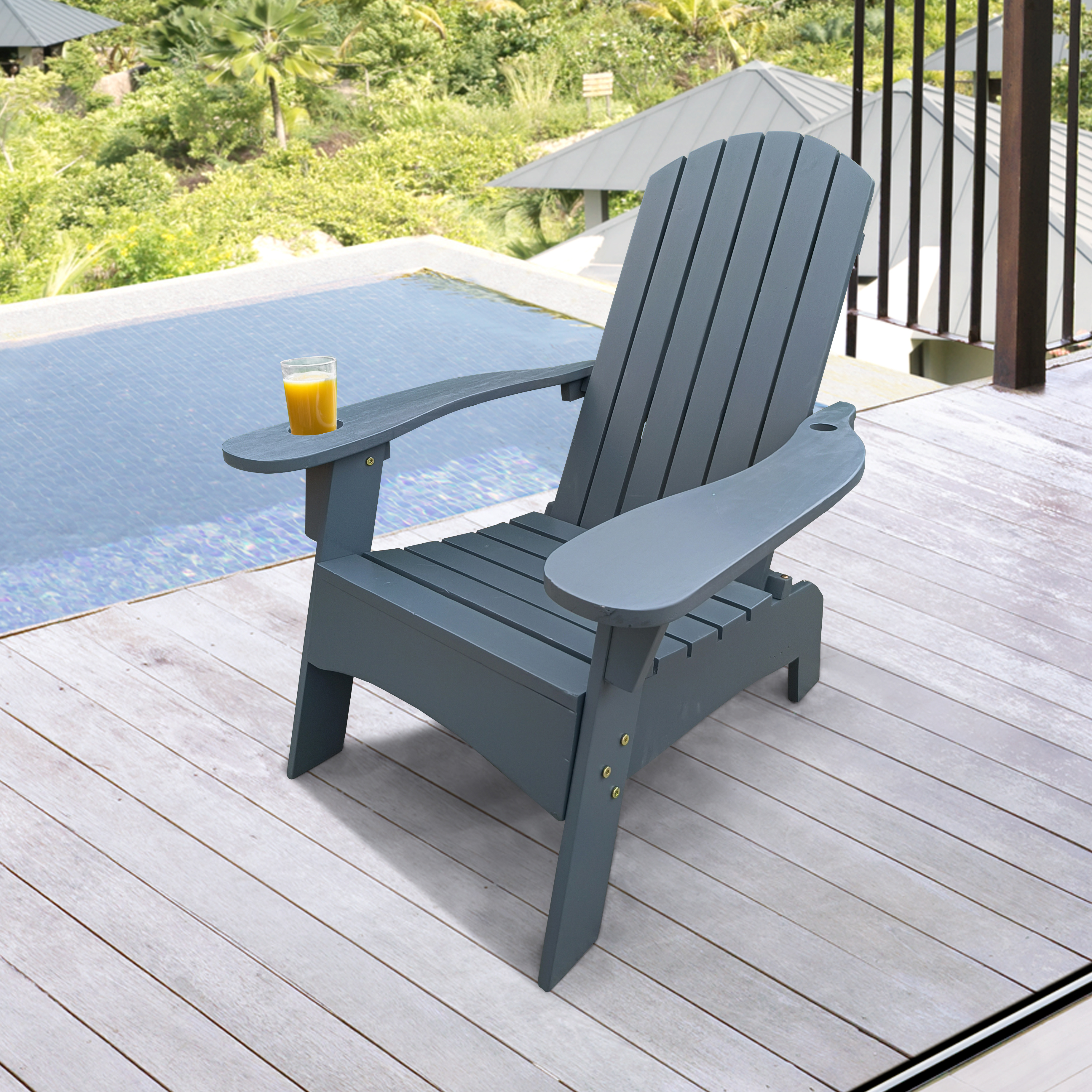 Outdoor or indoor Wood Adirondack chair with an hole to hold umbrella on the arm (Color: gray)