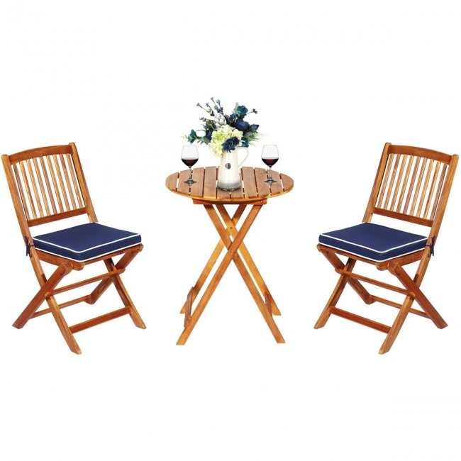 3 Pieces Patio Folding Wooden Bistro Set Cushioned Chair (Color: Navy)