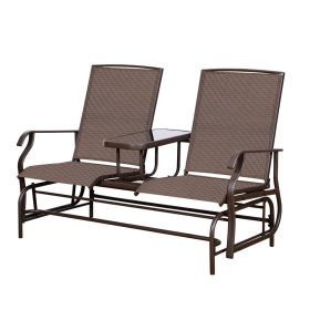 2-Person Outdoor Glider Bench;  Patio Glider Bench with Center Side Table;  Loveseat Glider Chair for Porch;  Garden;  Poolside;  Balcony (Color: Mocha)